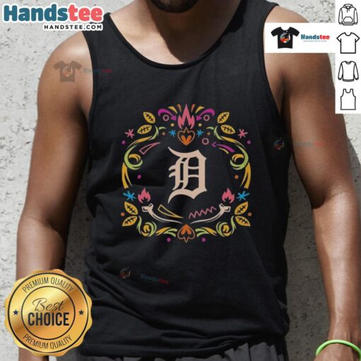 Official Detroit Tigers Dia de los Muertos MLB celebration tank top featuring vibrant skull designs and team logo.