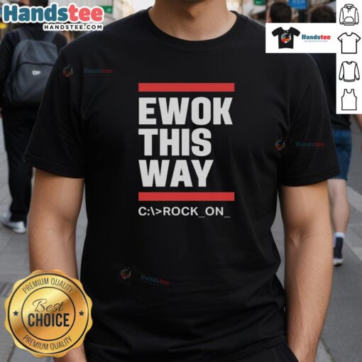 Official Ewok This Way Rock On T-Shirt featuring a playful Ewok graphic, perfect for Star Wars fans and casual wear.
