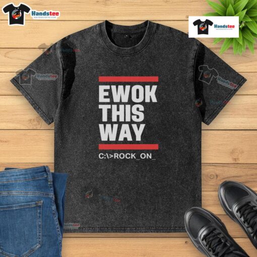 Official Ewok This Way Rock On Washed T-Shirt featuring a playful Ewok graphic for fans of Star Wars merchandise.