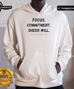 Official Focus Commitment hoodie displayed in a bookstore, showcasing 'Me In The Book Store' design.