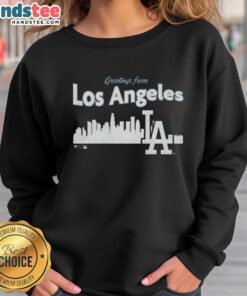 Official Greetings from Los Angeles Dodgers sweatshirt featuring team logo and vibrant colors, perfect for fans.