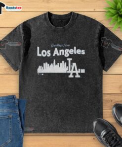 Official Greetings from Los Angeles Dodgers washed t-shirt featuring team logo and stylish design for fans.