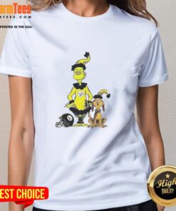 Official Grinch and Max X Pittsburgh Steelers Christmas ladies tee featuring festive design for holiday cheer.