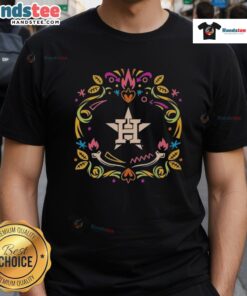 Official Houston Astros Da De Los Muertos MLB celebration t-shirt featuring vibrant designs and team logo.