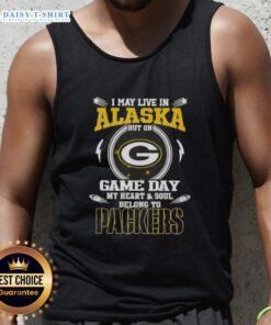 Green Bay Packers tank top with 'I May Live In Alaska' slogan, perfect for game day fans and showing team spirit.