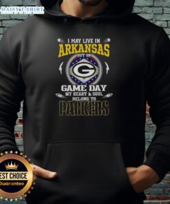 Green Bay Packers hoodie with text 'I May Live In Arkansas, But On Game Day My Heart Belongs To Green Bay Packers'
