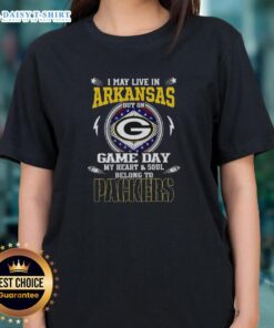 Green Bay Packers ladies tee showcasing 'I May Live In Arkansas But On Game Day My Heart Belongs To Packers' design.