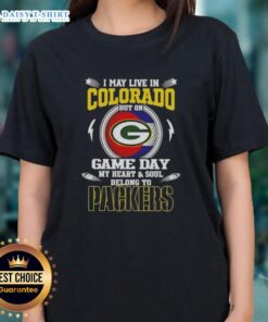 Green Bay Packers ladies tee, perfect for game day, showcasing pride for the team while living in Colorado.