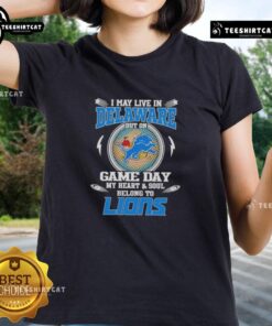 Delaware fan wearing Detroit Lions ladies tee, showcasing team spirit on game day with vibrant colors and bold design.