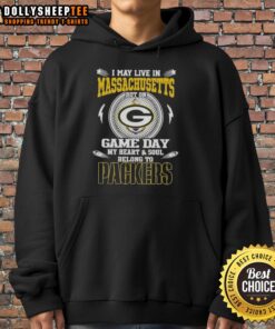 Green Bay Packers hoodie with text 'I May Live In Massachusetts, But On Game Day My Heart Belongs To Green Bay Packers.'