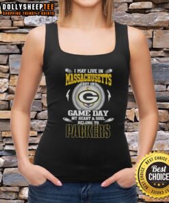 Woman wearing a Green Bay Packers tank top, showcasing her team spirit on game day in Massachusetts.