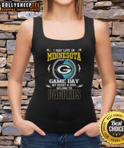 Green Bay Packers tank top with 'I May Live In Minnesota' slogan, showing team spirit on game day.