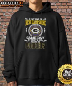 Alt Text: Green Bay Packers hoodie with text 'I May Live In New Hampshire, But On Game Day My Heart Belongs To Green Bay'