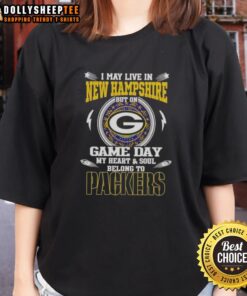 Green Bay Packers ladies tee featuring 'I May Live In New Hampshire But On Game Day My Heart Belongs To Packers' design.
