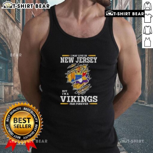 Alt Text: Official I May Live In New Jersey But I'm A Minnesota Vikings Fan Forever Tank Top showcasing team pride.