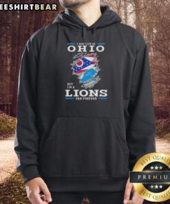Official I May Live In Ohio But I'm A Lions Fan Forever Hoodie in blue, showcasing team pride and style for fans.