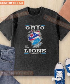 Official I May Live In Ohio But I'm A Lions Fan Forever washed t-shirt showcasing team pride and casual style.