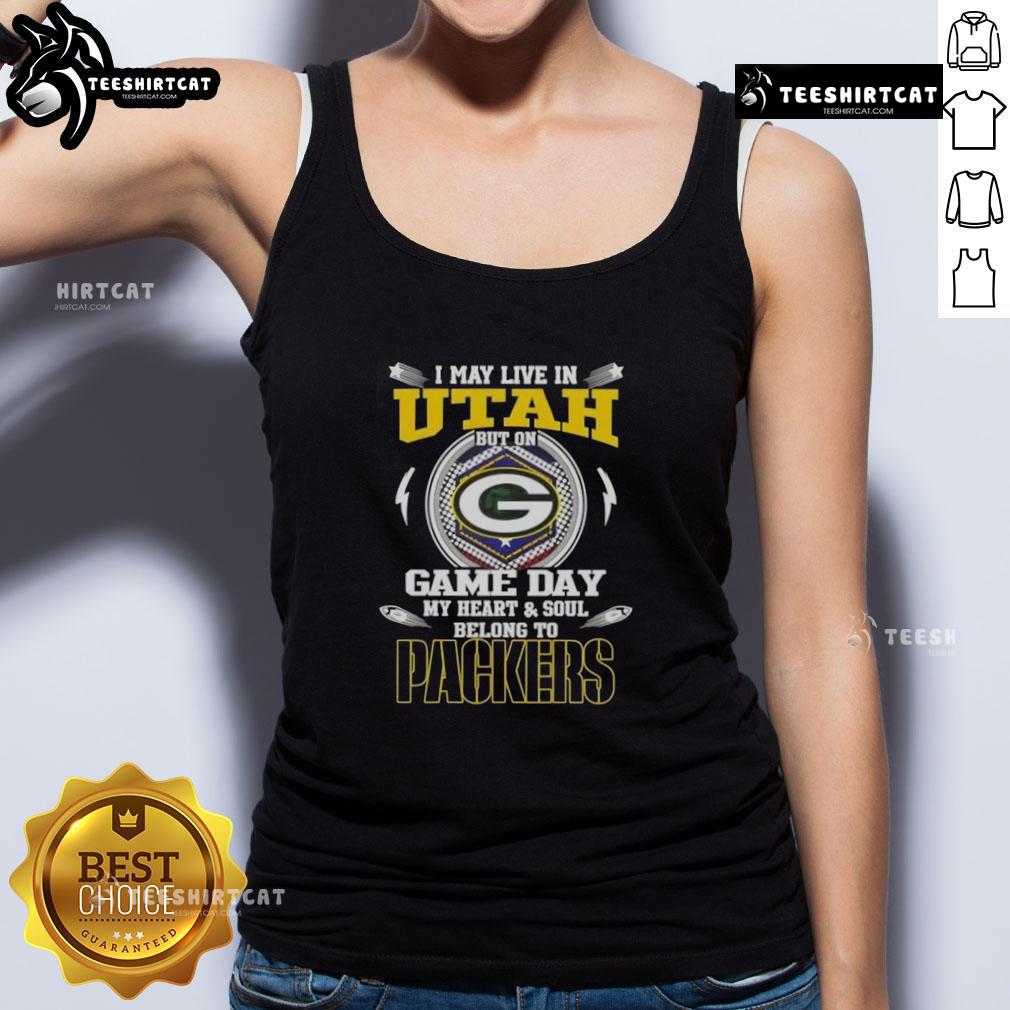 Official I May Live In Utah But On Game Day My Heart And Soul Belongs To Green Bay Packers Tank Top Alt Text: Green Bay Packers tank top with 'I may live in Utah, but my heart belongs to the Packers' design on display.
