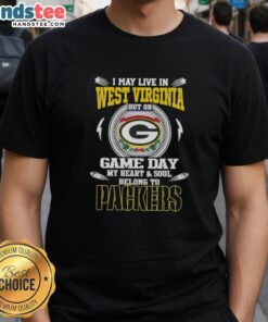 West Virginia fan wearing a Green Bay Packers T-shirt, showcasing pride on game day with a heartfelt message.