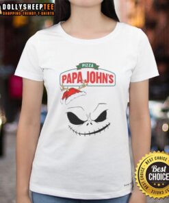 Official Jack Skellington X Pizza Papa John's Merry Christmas ladies tee featuring a festive design and vibrant colors.
