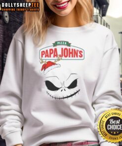 Official Jack Skellington X Pizza Papa John's Merry Christmas Sweatshirt featuring Halloween and Christmas designs.