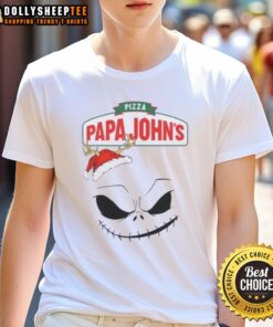Alt Text: Official Jack Skellington X Pizza Papa John's Merry Christmas T-Shirt featuring festive design with iconic characters.