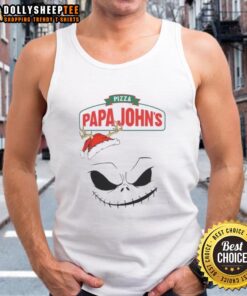 Official Jack Skellington X Pizza Papa John's Merry Christmas tank top featuring festive design and vibrant colors.