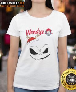 Alt Text: Official Jack Skellington X Wendy's Merry Christmas Ladies Tee featuring a festive design for Halloween fans.