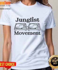 Alt Text: Official Junglist Movement Turntable Retro Shirt for ladies featuring a vibrant design and comfortable fit.