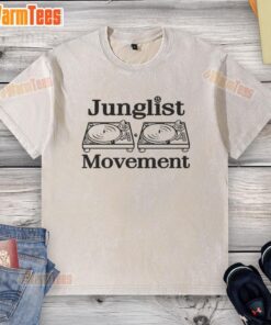 Alt Text: Retro washed t-shirt featuring the Official Junglist Movement logo, perfect for music lovers and vintage style enthusiasts.