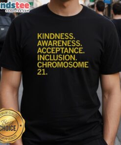 Official Kindness Awareness Acceptance Inclusion Chromosome 21 T-Shirt featuring vibrant design promoting inclusivity and support.