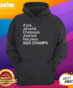Alt Text: 2025 Champs hoodie featuring Las Vegas Aces players A'ja Wilson, Jewell Loyd, Chelsea Gray, Jackie Young, and Nalyssa Smith.