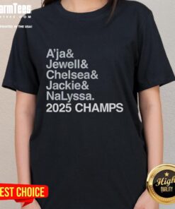 2025 Champs Las Vegas Aces ladies tee featuring A'ja Wilson, Jewell Loyd, Chelsea Gray, Jackie Young, and Nalyssa Smith.