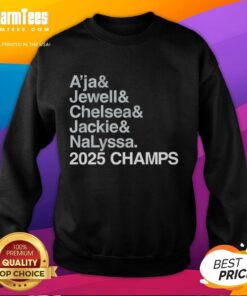 Official Las Vegas Aces 2025 Champs sweatshirt featuring A'ja Wilson, Jewell Loyd, Chelsea Gray, Jackie Young, and Nalyssa Smith.
