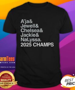 Alt Text: Official Las Vegas Aces 2025 Champs T-Shirt featuring AJa Wilson, Jewell Loyd, Chelsea Gray, Jackie Young, and Nalyssa Smith.