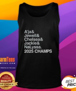 2025 Champs tank top featuring Las Vegas Aces players A'Ja Wilson, Jewell Loyd, Chelsea Gray, Jackie Young, and Nalyssa.