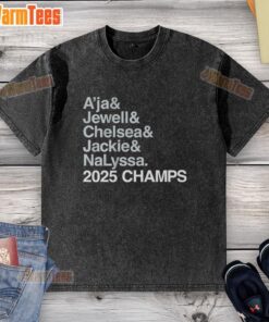 2025 Champs Las Vegas Aces washed t-shirt featuring A'ja Wilson, Jewell Loyd, Chelsea Gray, Jackie Young, and Kelsey Plum.