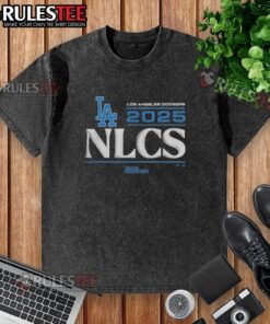 Alt Text: Official Los Angeles Dodgers 2025 Division Series Winner locker room washed t-shirt displayed on a hanger.