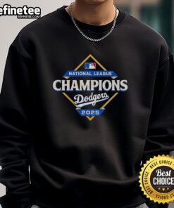 Alt Text: Official Los Angeles Dodgers 2025 National League Champions diamond logo sweatshirt in blue and white design.