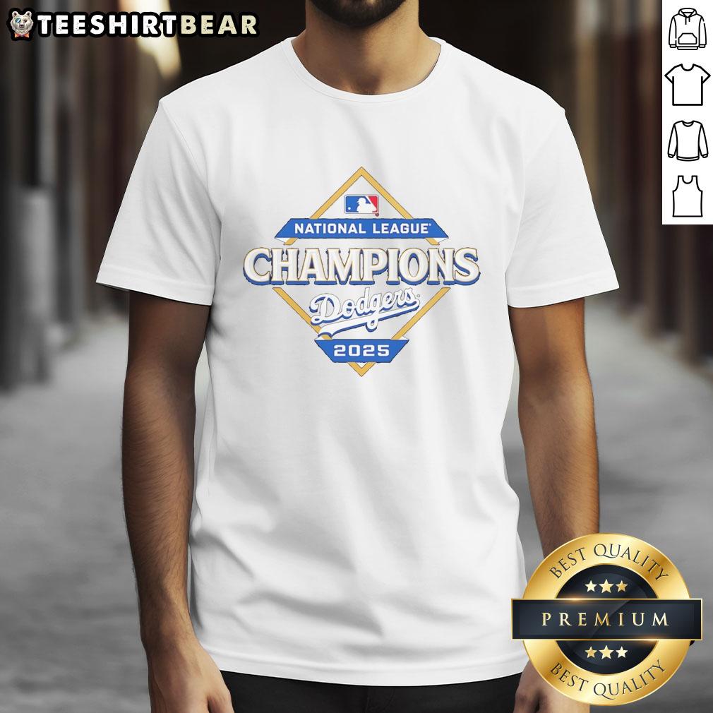 Official Los Angeles Dodgers 2025 National League Champions Diamond Logo T-Shirt Alt Text: Official Los Angeles Dodgers 2025 National League Champions diamond logo t-shirt featuring vibrant team colors.