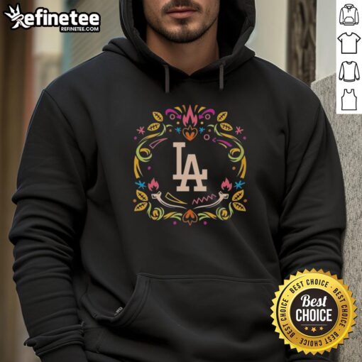 Alt Text: Official Los Angeles Dodgers Dia de los Muertos MLB Celebration Hoodie featuring vibrant designs and team logo.