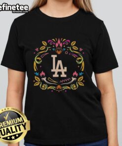Official Los Angeles Dodgers Dia de los Muertos MLB celebration ladies tee showcasing vibrant colors and festive design.