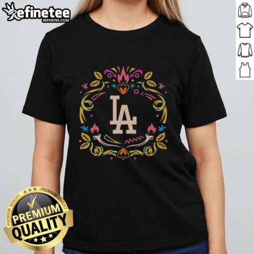 Official Los Angeles Dodgers Dia de los Muertos MLB celebration ladies tee showcasing vibrant colors and festive design.