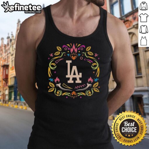 Official Los Angeles Dodgers Dia de los Muertos MLB celebration tank top featuring vibrant colors and festive designs.