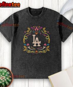 Official Los Angeles Dodgers Dia de los Muertos MLB celebration washed t-shirt featuring vibrant designs and team logo.