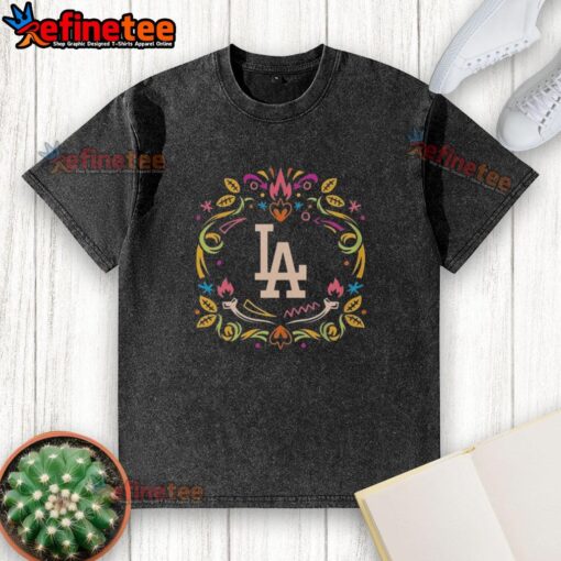 Official Los Angeles Dodgers Dia de los Muertos MLB celebration washed t-shirt featuring vibrant designs and team logo.