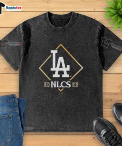 Official Los Angeles Dodgers NLCS Bound 2025 washed t-shirt featuring team logo and vibrant colors for fans.
