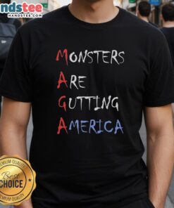 Alt Text: Official 'Maga Monsters Are Gutting America' T-shirt in bold graphics, showcasing a powerful political statement.