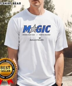 Official Magic Opening Night 2025 Miami Vs Orlando T-Shirt featuring team logos and vibrant colors for fans.