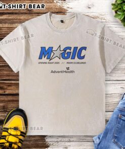 Official Magic Opening Night 2025 Miami vs Orlando washed t-shirt featuring team logos and vibrant colors.